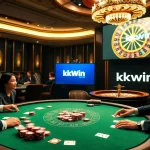 Exciting poker game scene at https://kkwin.co.com/ showcasing professional players and casino elements.