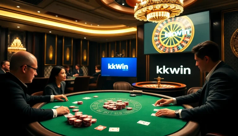 Exciting poker game scene at https://kkwin.co.com/ showcasing professional players and casino elements.