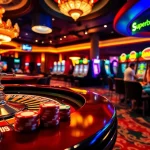 Experience excitement at Superbet with players engaging at roulette and slot machines.