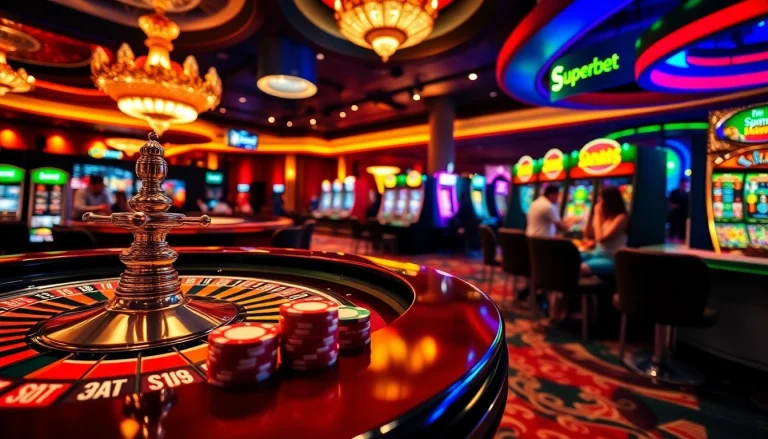 Experience excitement at Superbet with players engaging at roulette and slot machines.
