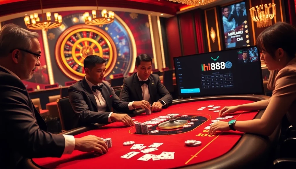 Experience high-stakes poker at Hi888 with professional players, vibrant chips, and atmospheric lighting.