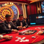 Experience high-stakes poker at Hi888 with professional players, vibrant chips, and atmospheric lighting.