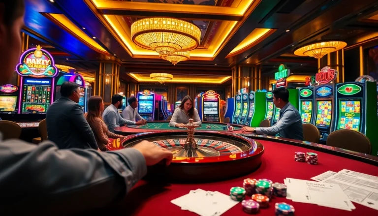 Experience high-stakes gaming at PH222 casino with vibrant slot machines and roulette table.