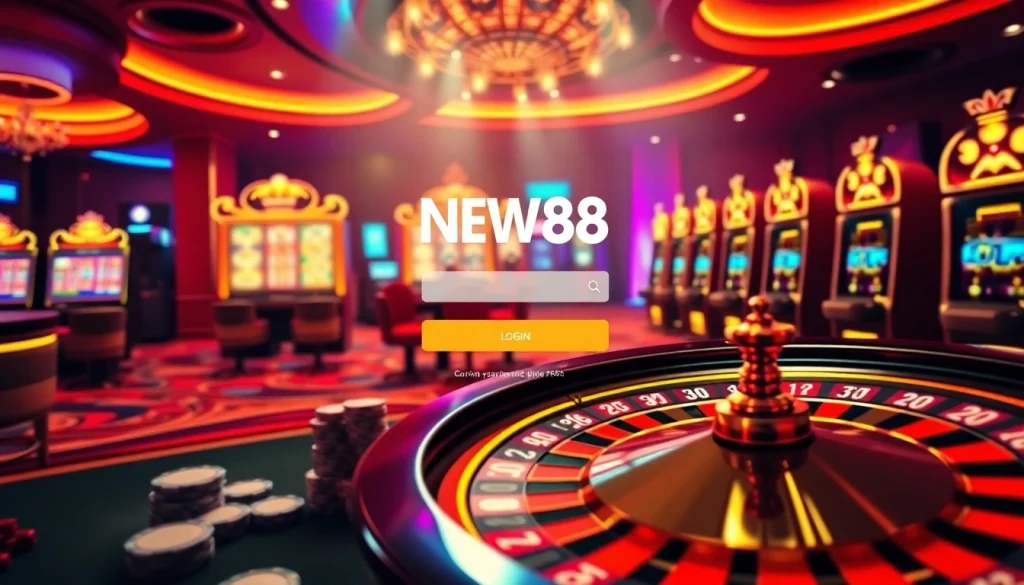 Experience the thrill of NEW88 đăng nhập with a vibrant casino scene featuring roulette wheels and poker chips.