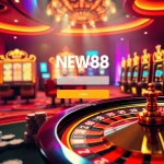 Experience the thrill of NEW88 đăng nhập with a vibrant casino scene featuring roulette wheels and poker chips.