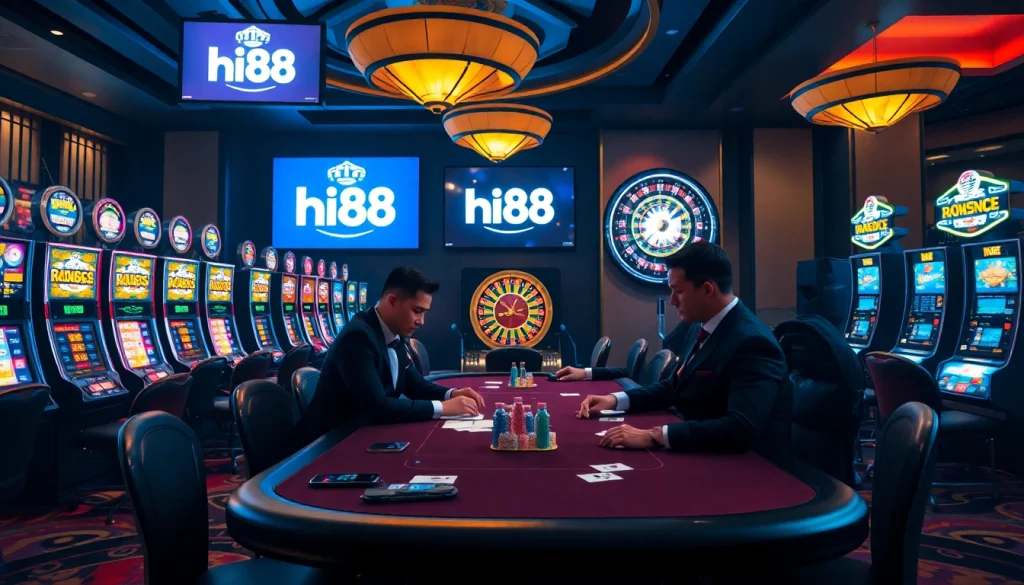 Players strategizing over cards at a Hi88 casino table, showcasing the thrill of gambling.