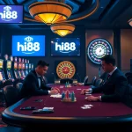 Players strategizing over cards at a Hi88 casino table, showcasing the thrill of gambling.
