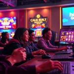 Engaging players enjoying online gaming and slot games at hoki138, illuminated with a vibrant color palette.