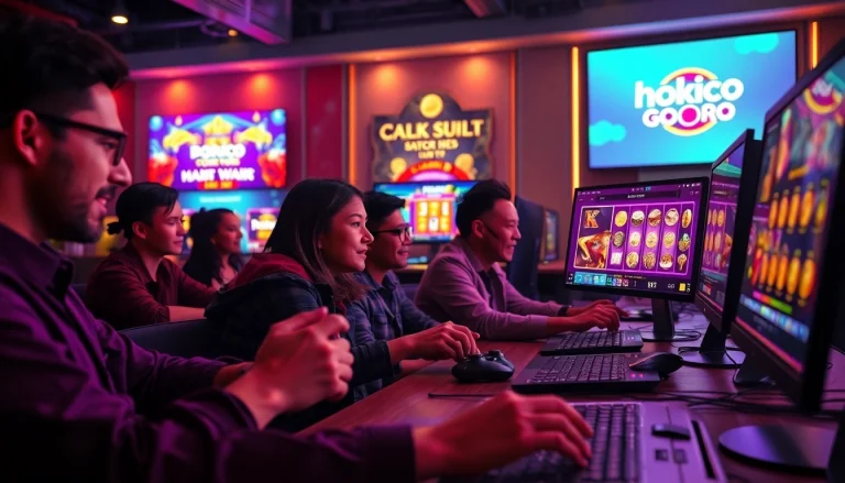 Engaging players enjoying online gaming and slot games at hoki138, illuminated with a vibrant color palette.