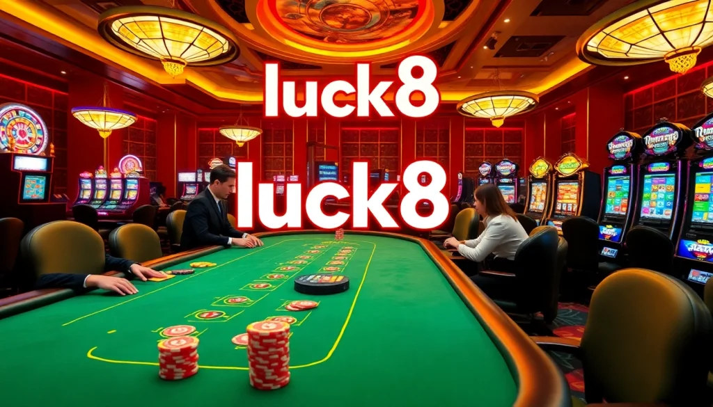 Players enjoying excitement at the luck8 blackjack table in a luxurious casino scene with vibrant lights and poker chips.