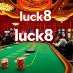 Players enjoying excitement at the luck8 blackjack table in a luxurious casino scene with vibrant lights and poker chips.