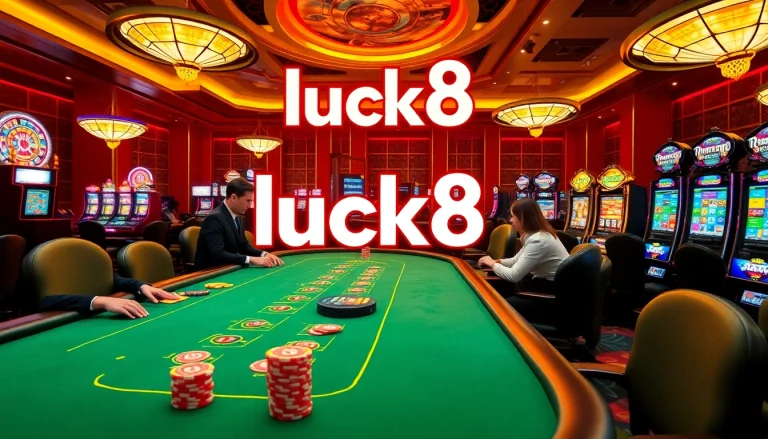 Players enjoying excitement at the luck8 blackjack table in a luxurious casino scene with vibrant lights and poker chips.
