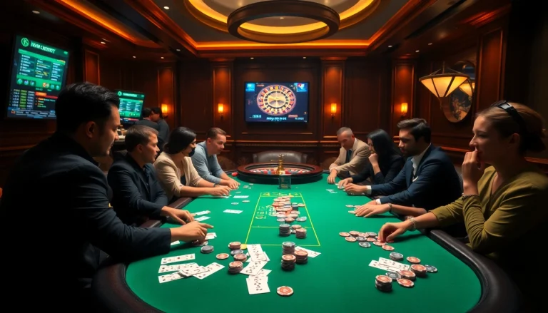 Experience the thrill of betting at https://22bet.style with players engaged at a poker table in a luxury casino.