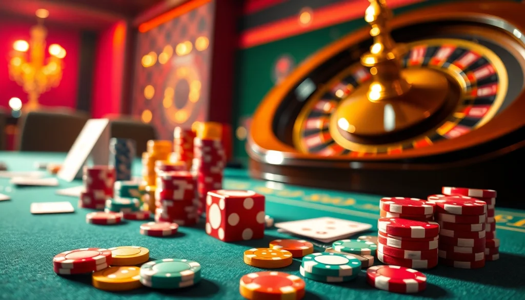 U888 gaming table showcasing vibrant poker chips, cards, and dice ready for thrilling bets.