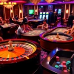 Gamble at https://rr88csn.com/ with excitement around a luxury casino setting featuring roulette, slots, and players.