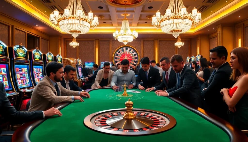 Exciting casino scene illustrating strategic gambling at https://nhandinhkeonhacai.news/ with poker players and roulette.