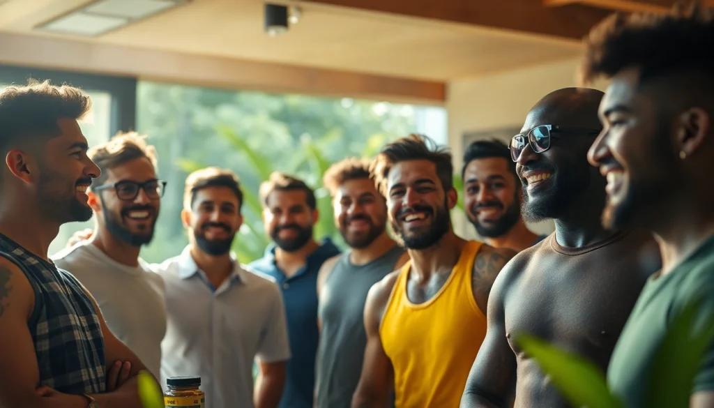 Men discussing their vitality and confidence boost from Puraboost in a natural wellness setting