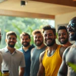 Men discussing their vitality and confidence boost from Puraboost in a natural wellness setting