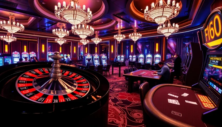 Experience the thrill of f168 at a luxurious casino with casino tables and vibrant slot machines.