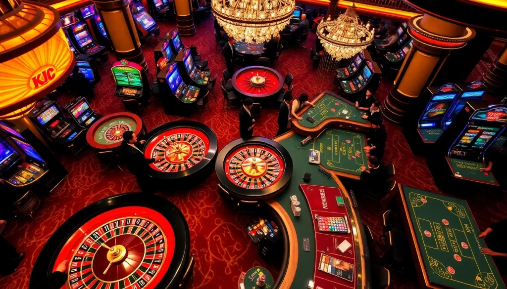 KJC casino scene featuring vibrant roulette wheels and engaged players in high-stakes betting.