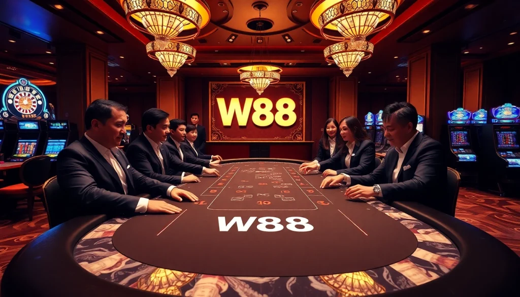 W88 poker table action with players engaged and vibrant casino ambiance.
