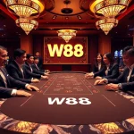 W88 poker table action with players engaged and vibrant casino ambiance.
