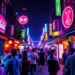 Experience 다낭밤문화 with a vibrant nightlife scene full of neon lights and lively gatherings.