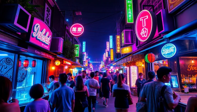 Experience 다낭밤문화 with a vibrant nightlife scene full of neon lights and lively gatherings.