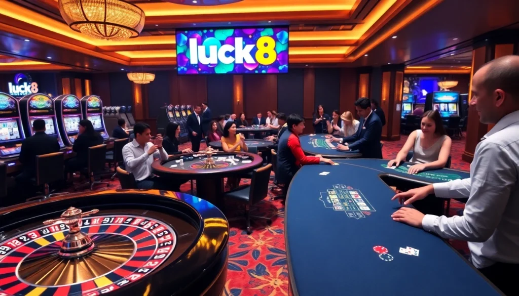 Players enjoying a thrilling game of luck8 at an upscale casino with vibrant slots and tables.