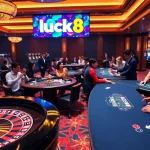 Players enjoying a thrilling game of luck8 at an upscale casino with vibrant slots and tables.