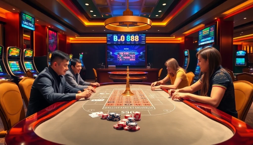 Engaging in a thrilling game of blackjack at a BJ 888 casino table with colorful chips and excited players.