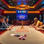 Engaging in a thrilling game of blackjack at a BJ 888 casino table with colorful chips and excited players.