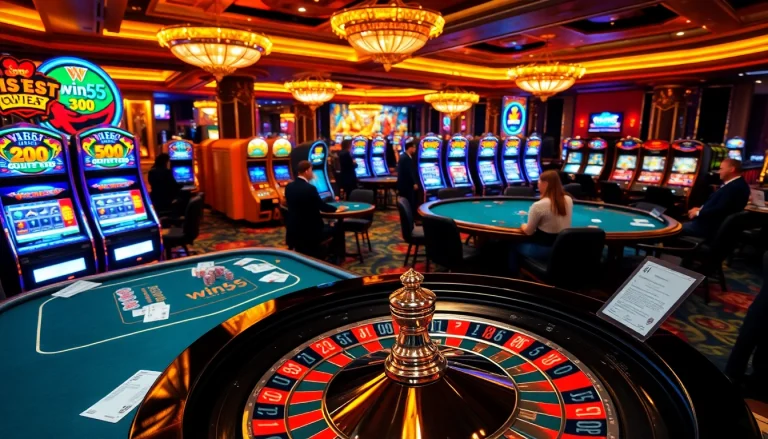 Players strategizing at poker tables in a vibrant casino setting featuring win55 betting slips.