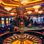 Engaging casino scene showcasing Raja Barong amid vibrant slot machines and poker tables.