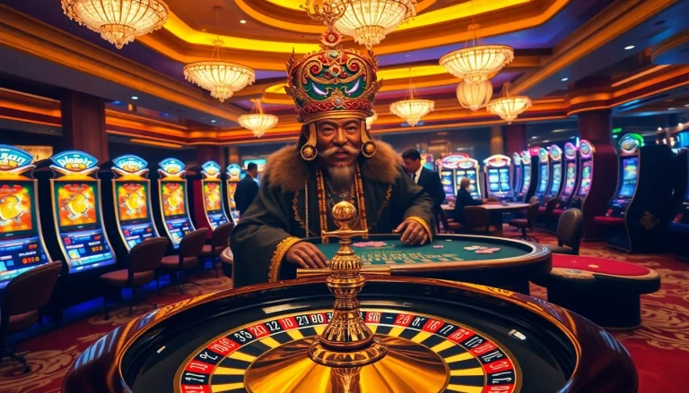 Engaging casino scene showcasing Raja Barong amid vibrant slot machines and poker tables.