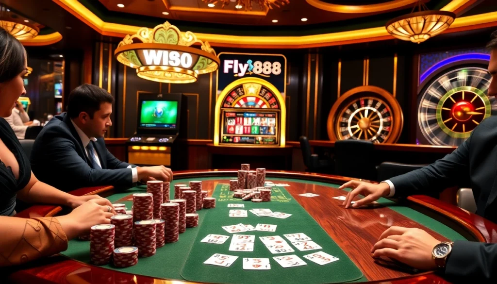 Players engaging in an exciting poker game at Fly88 casino, with vibrant chips and cards enhancing the thrill.