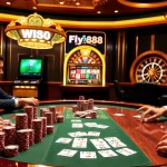 Players engaging in an exciting poker game at Fly88 casino, with vibrant chips and cards enhancing the thrill.