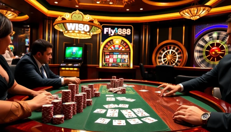 Players engaging in an exciting poker game at Fly88 casino, with vibrant chips and cards enhancing the thrill.