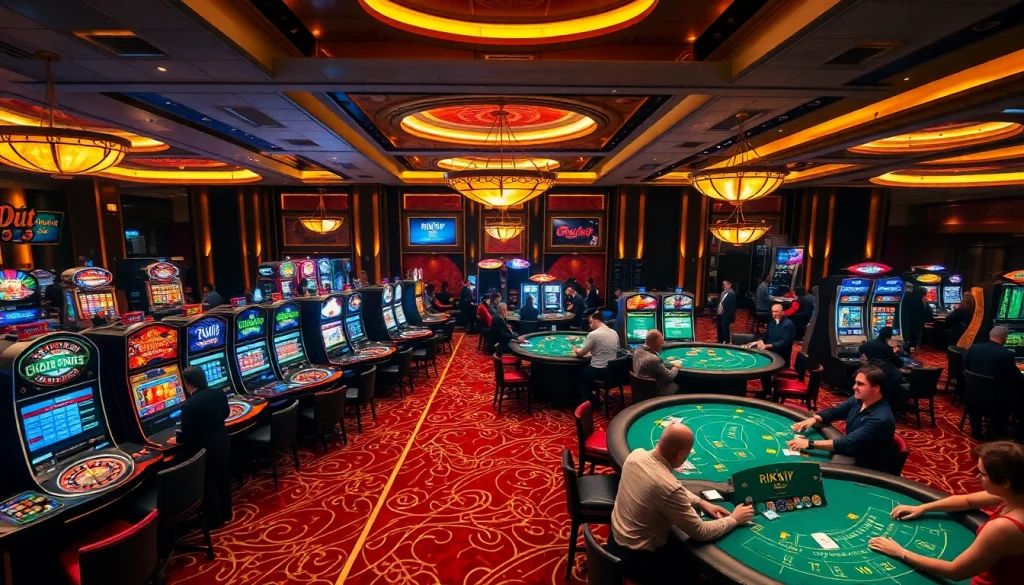 Engaging players enjoying a luxurious gaming experience at rikvip casino tables with vibrant roulette wheels and slot machines.