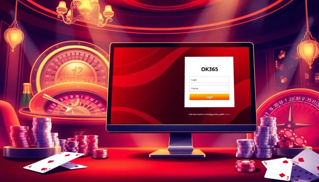 Experience the excitement of OK365 đăng nhập with a luxury casino backdrop and engaging elements.