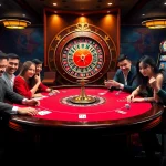 Players enjoying a high-stakes game at the nhà cái usbet poker table amid vibrant casino lights.