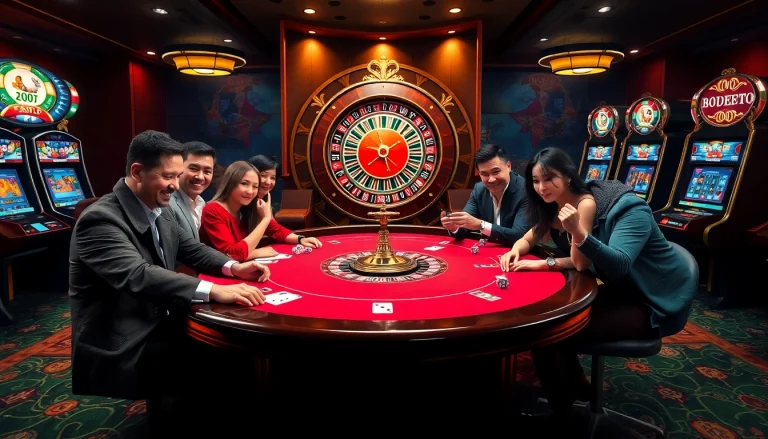 Players enjoying a high-stakes game at the nhà cái usbet poker table amid vibrant casino lights.