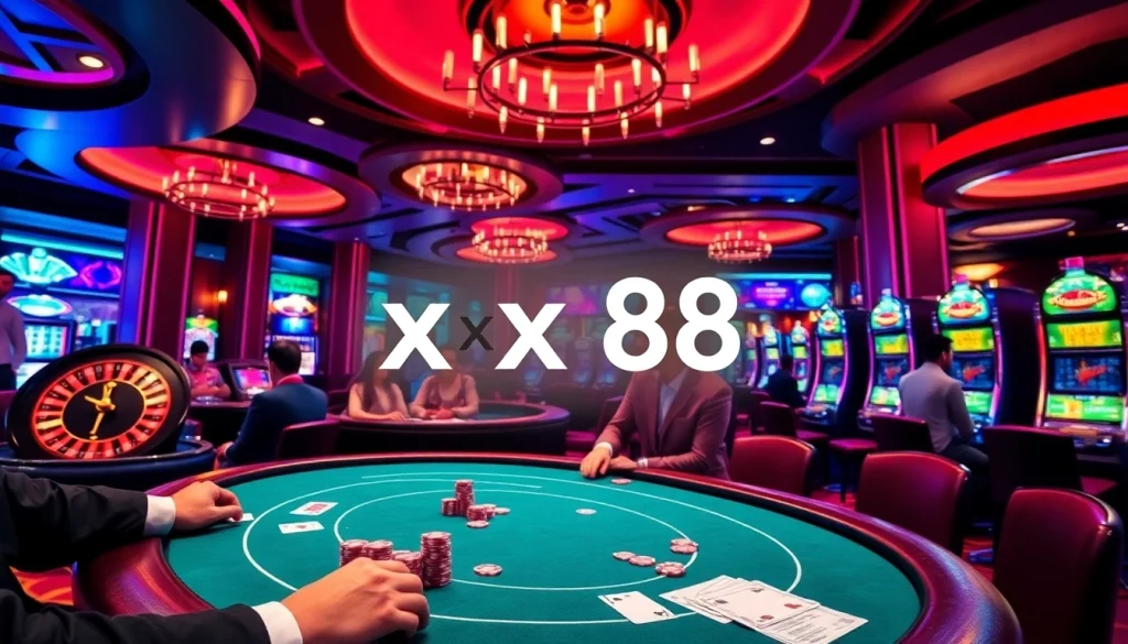 Players engaging at a luxurious casino, showcasing xx88-themed poker tables and vibrant slot machines.