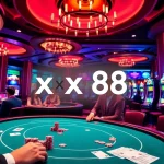 Players engaging at a luxurious casino, showcasing xx88-themed poker tables and vibrant slot machines.