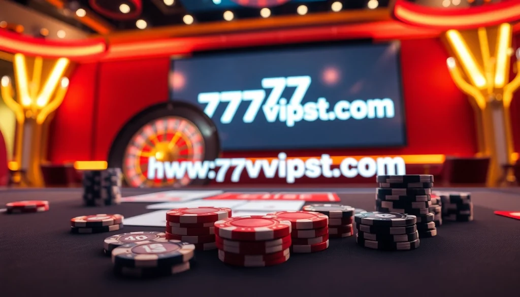 Experience excitement at https://777vipst.com/ with a vibrant casino scene showcasing cards and chips.