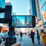 Phone gimbal stabilizing smooth video footage in an urban setting.
