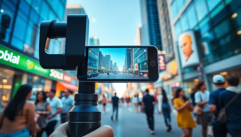 Phone gimbal stabilizing smooth video footage in an urban setting.