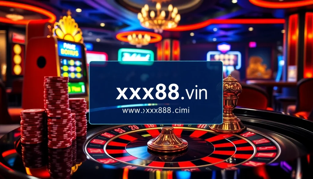 The excitement of gambling at http://xx88.vin/, featuring a luxurious roulette table and vibrant poker chips.
