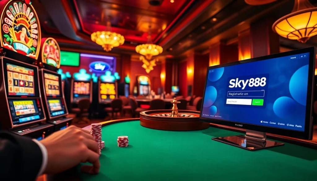 Experience the excitement of đăng ký sky88 at a high-class casino interface with vibrant slot machines and poker chips.