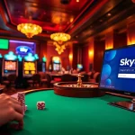 Experience the excitement of đăng ký sky88 at a high-class casino interface with vibrant slot machines and poker chips.